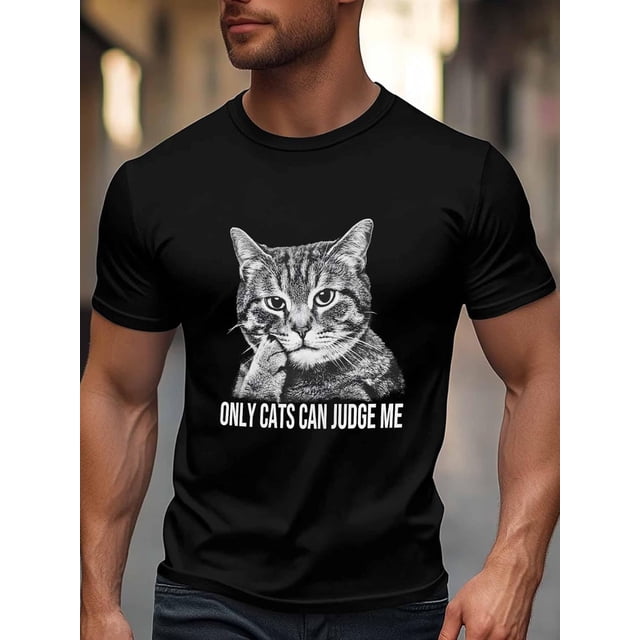 Camiseta de manga corta para hombre, estilo casual, con cuello redondo y estampado de gato gris.