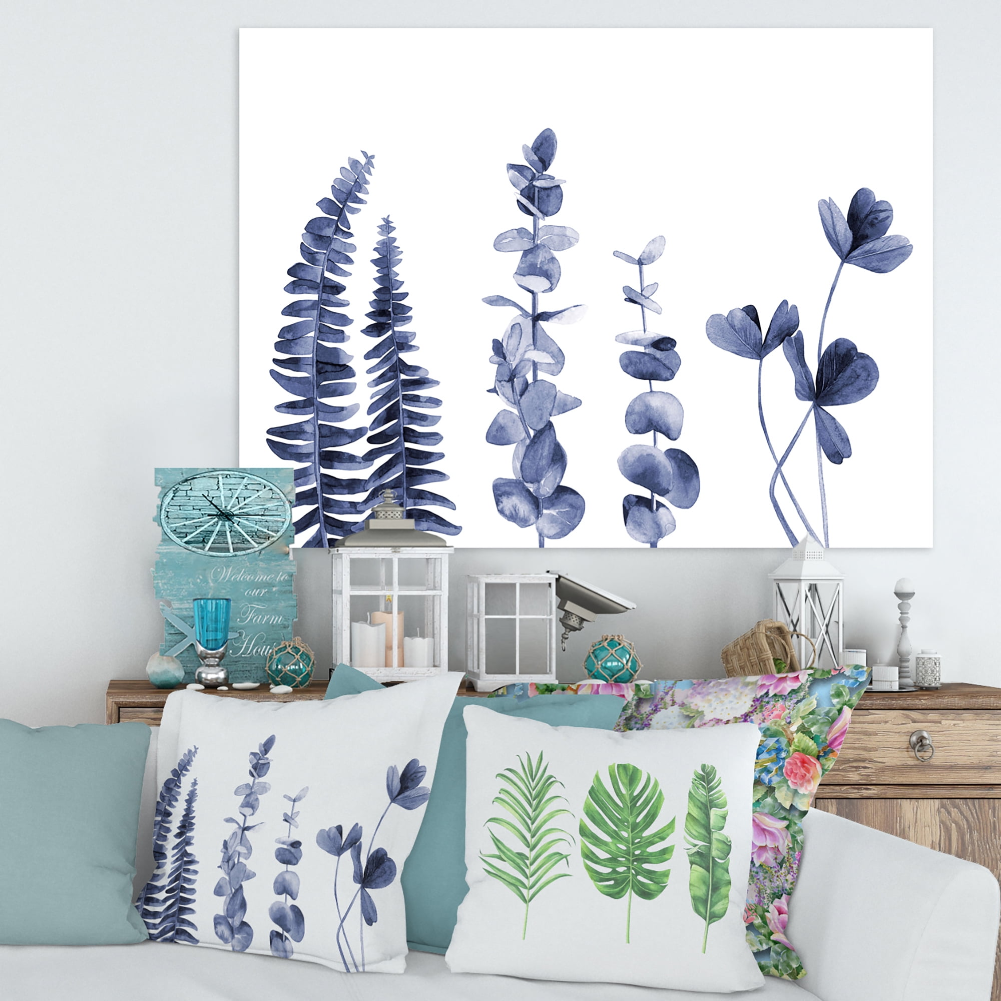 Navy Blue Eucalyptus On White I 32 in x 24 in Painting Canvas Art Print, by Designart