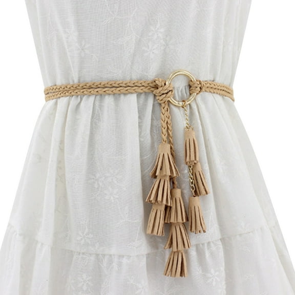 MANHUJI Festival Accessories Women Casual Knotted Braided Belt Fringe Waist Cord Belt Chain Belts for Women (Khaki,One Size)