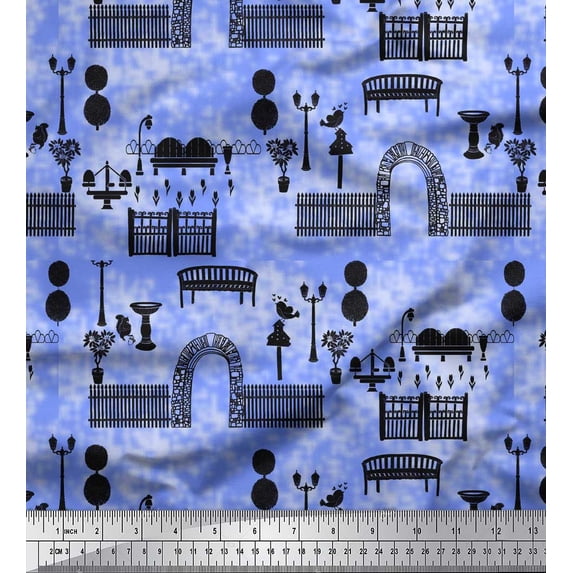 Soimoi Blue polyester Crepe Fabric Bench & Fence Gate Modern Style Print Fabric by the Yard 42 Inch Wide