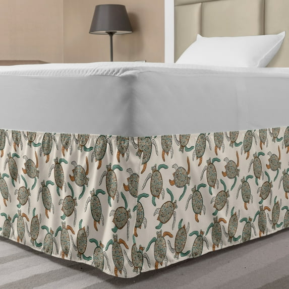 Ethnic Bed Skirt, Illustration of Traditional Turtle with Geometric Motifs, Elastic Bedskirt Dust Ruffle Wrap Around for Bedding Decor, 4 Sizes, Dark Peach Seafoam, by Ambesonne