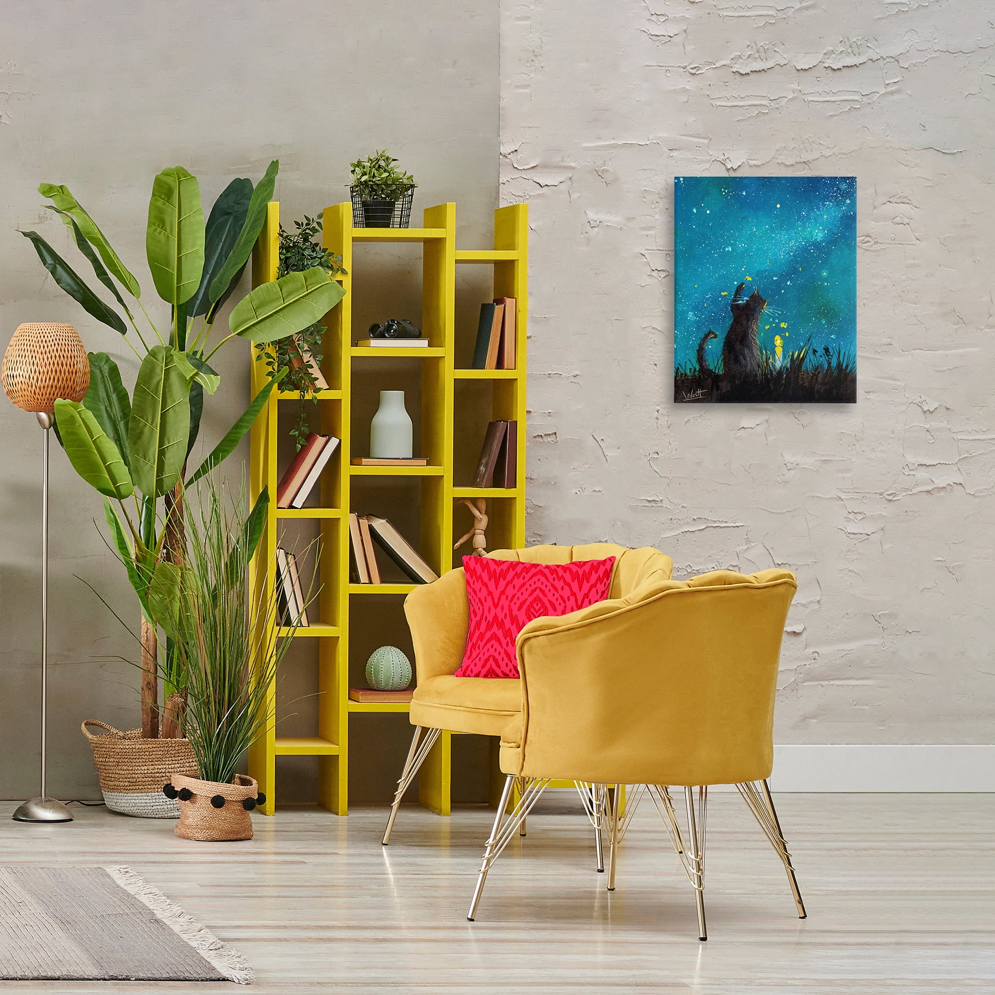 Stupell Industries Cat Playing Under Stars Astrology & Stars Painting Wrapped Canvas Art Print Wall Art, 16 x 20