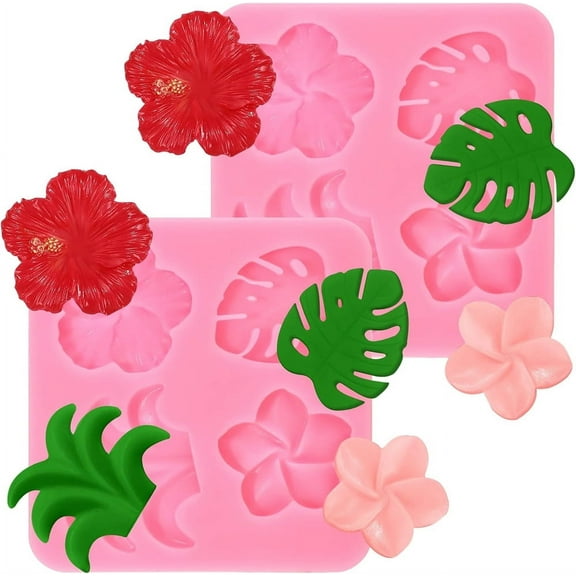 NOGIS 2 Pcs Tropical Flowers Leaves Mold Hibiscus Plumeria Flower Fondant Silicone Molds for Tropical Party Cake Decoration Cupcake Topper Chocolate Candy Sugar Craft Polymer Clay Gum Paste