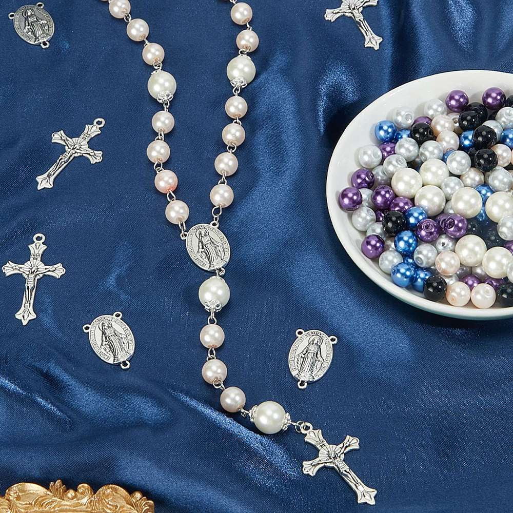 DIY Rosary Bead Jewelry Making Finding Kits including Alloy Pendants & Links & Bead Caps Glass Pearl Beads 304 Stainless Steel Eye Pins Mixed Color
