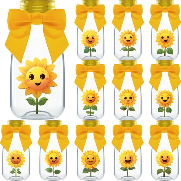 Ethisa 12 Pack Sunflower Party Favors - DIY Candy Jars with Ribbons and Stickers - Party Decoration Bottles for Birthday, School Classroom, Baby Shower, Bridal Shower, and Wedding - Sun Flower Gifts