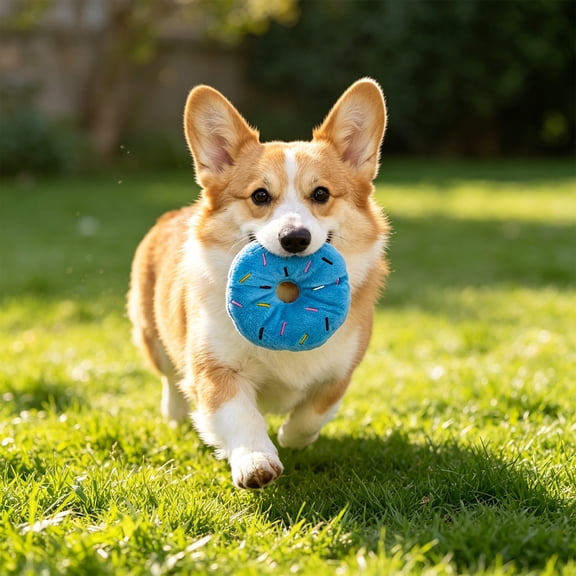 SouMaox Plush Donut Squeaky Dog Chew Toy, Soft Interactive Pet Toy for Boredom Relief, Durable Plaything for Aggressive Chewers, 3.93" Blue