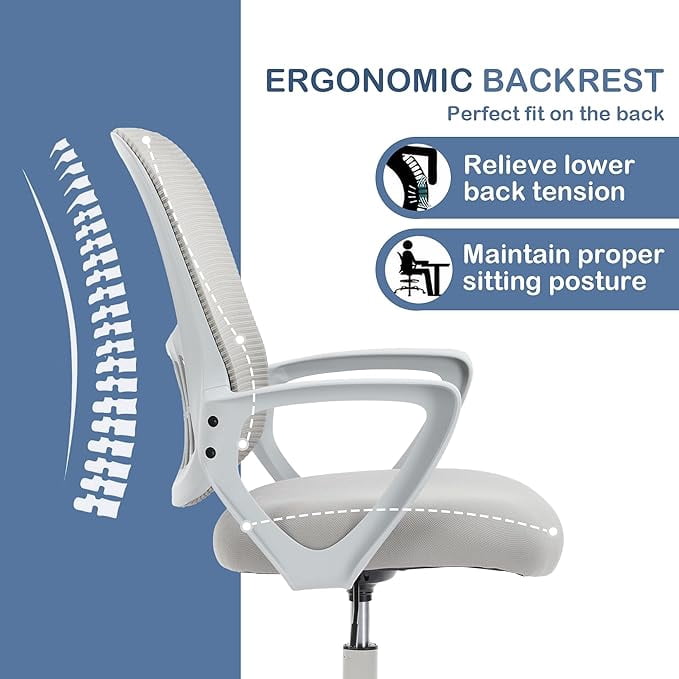 Ergonomic High-Back Mesh Office Chair - Breathable Waist and Back Support Computer Chair with Fixed Armrests, Height Adjustment, and 360° Swivel Base(Gray)