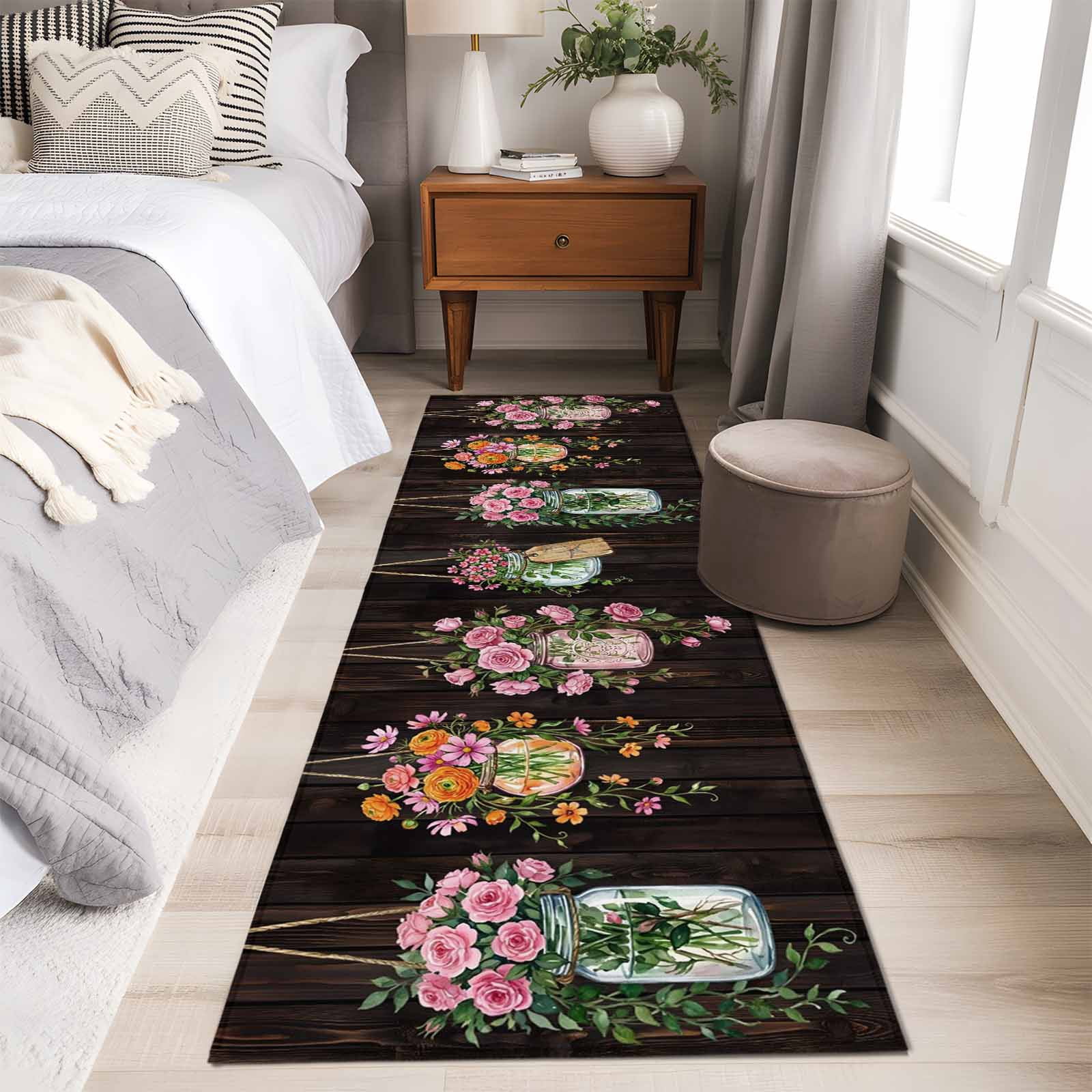 Pink Spring Floral 2'x6' Runner Rugs for Hallway Kitchen Bedside Non Slip Washable, Farmhouse Botanical Wooden Retro Art Entryway Rug Runners with Rubber Backing, Long Carpet Runner for Laundry Room