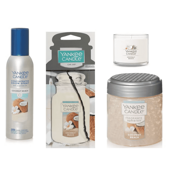 Yankee Candle Coconut Beach Home/Car Air Freshener Gift Set with Odor Neutralizing Scent Beads, a Concentrated Room Spray, 1 Mini Votive, and a Car Jar 5-pcs Gift Packaged