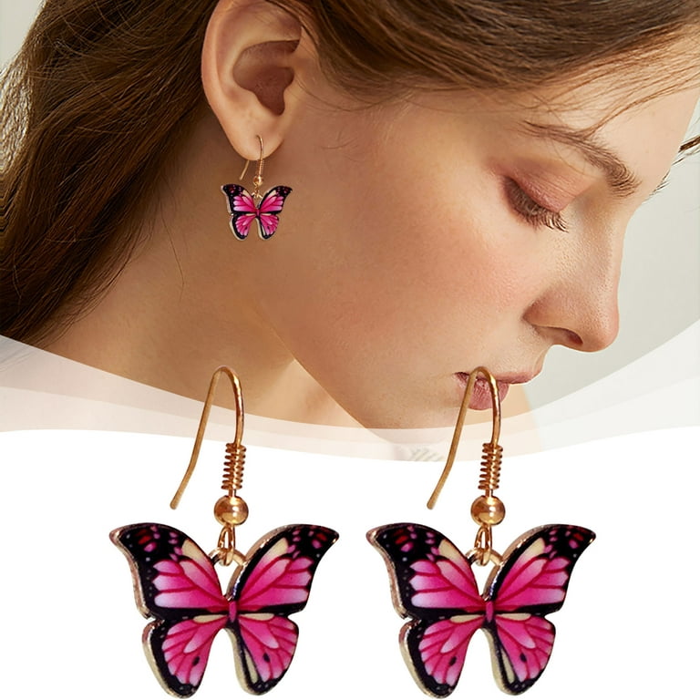 mnjin butterfly dangle hook earrings for women girls colorful animal  butterflies drop dangling lightweight earring hot pink 