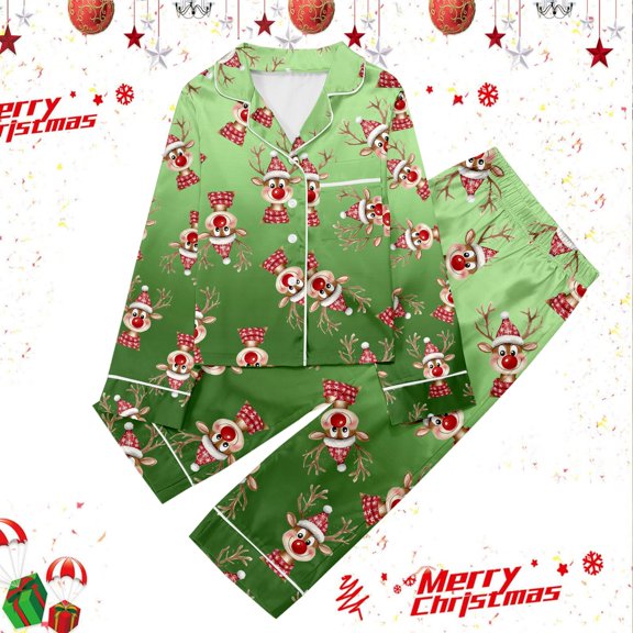 Girls Printed Long Sleeve Button Down Lapel Pajama Set Casual Sleepwear Comfortable Two-Piece Outfit Sleepwear Long/Short Sleeve Jammies for Kids Button-Down Nightwear Loungewear
