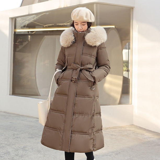 Abrigo de algodón de invierno, cuello grande de cuero, cinturón ajustado a la cintura hasta la mitad, abrigo elegante de algodón con plumón ajustado, abrigo de mujer