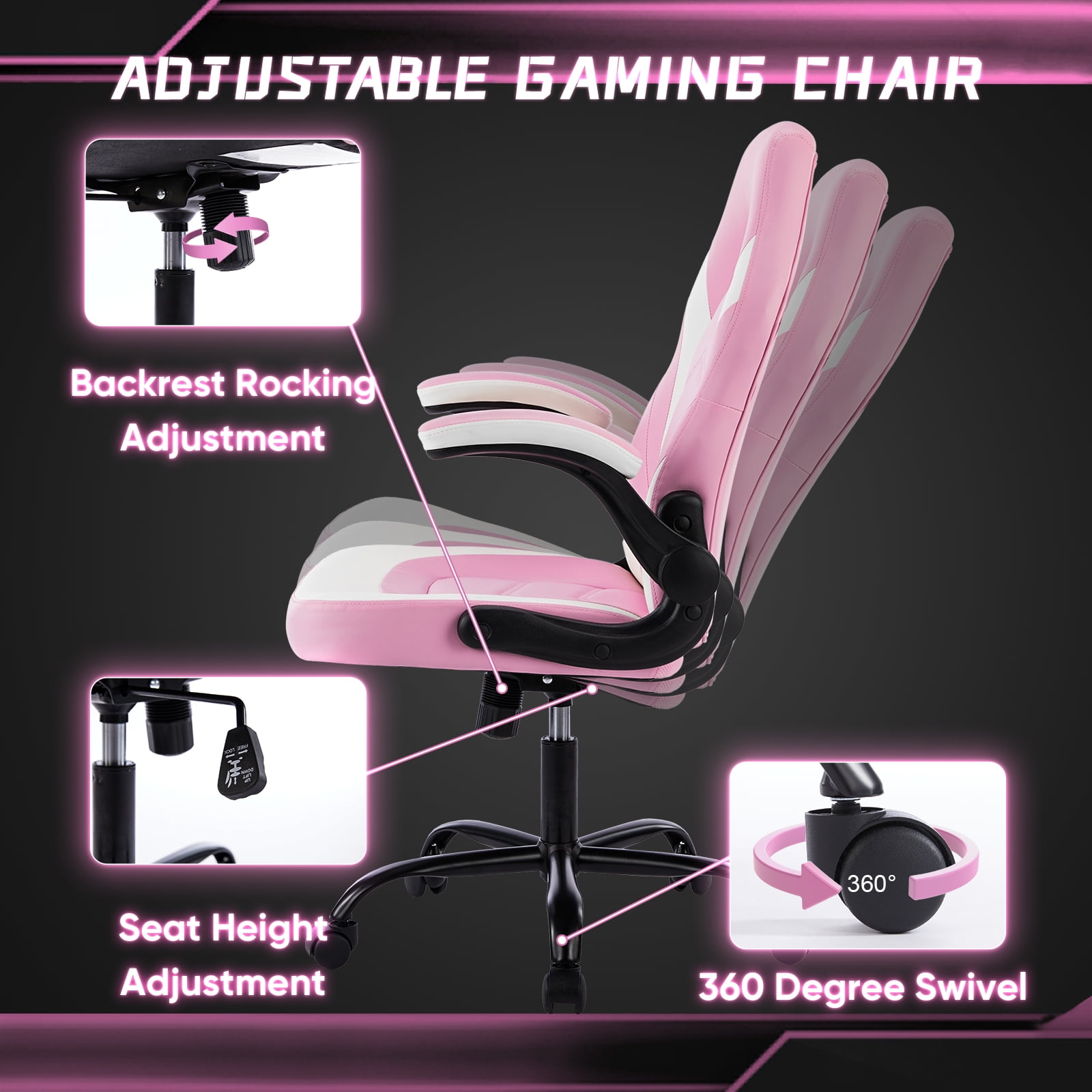 Mayoume Computer Gaming Chair - Ergonomic PU Leather Desk Chair with Comfy Lumbar Support, Height Adjustable 360° Rolling with Flip-up Armrest, for Home and Office, Adults