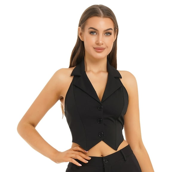 Miutii Women's Halterneck Waistcoat Cropped Backless Button Down Y2K Tuxedo Vest Black S