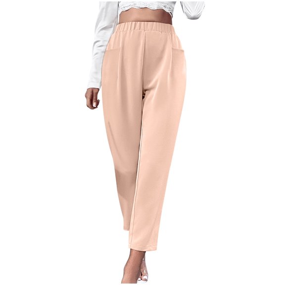 Womens Baggy Tapered Pants Casual Solid Elastic Waist Wide Leg Pants Pockets Comfy Cropped Pants Work Business Loose Fit(XL,Khaki)