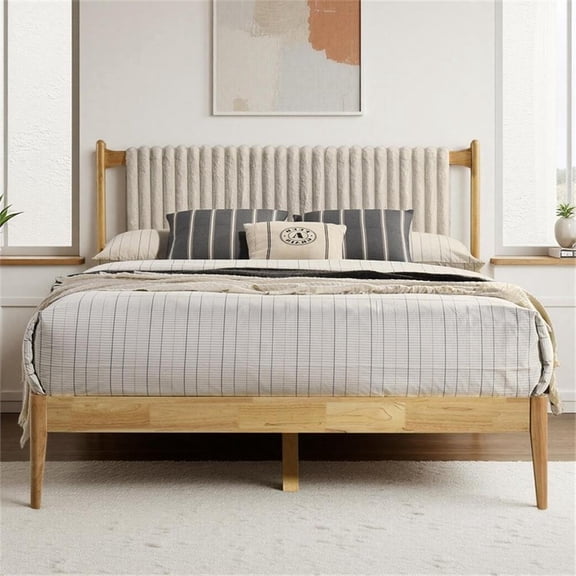 Pemberly Row Wooden Queen Size Platform Bed in Natural and Beige