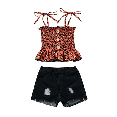 

Toddler Kids Girl 2Pcs Outfit Leopard Print Ruched Spaghetti Strap Tank Tops Ripped Denim Shorts Set