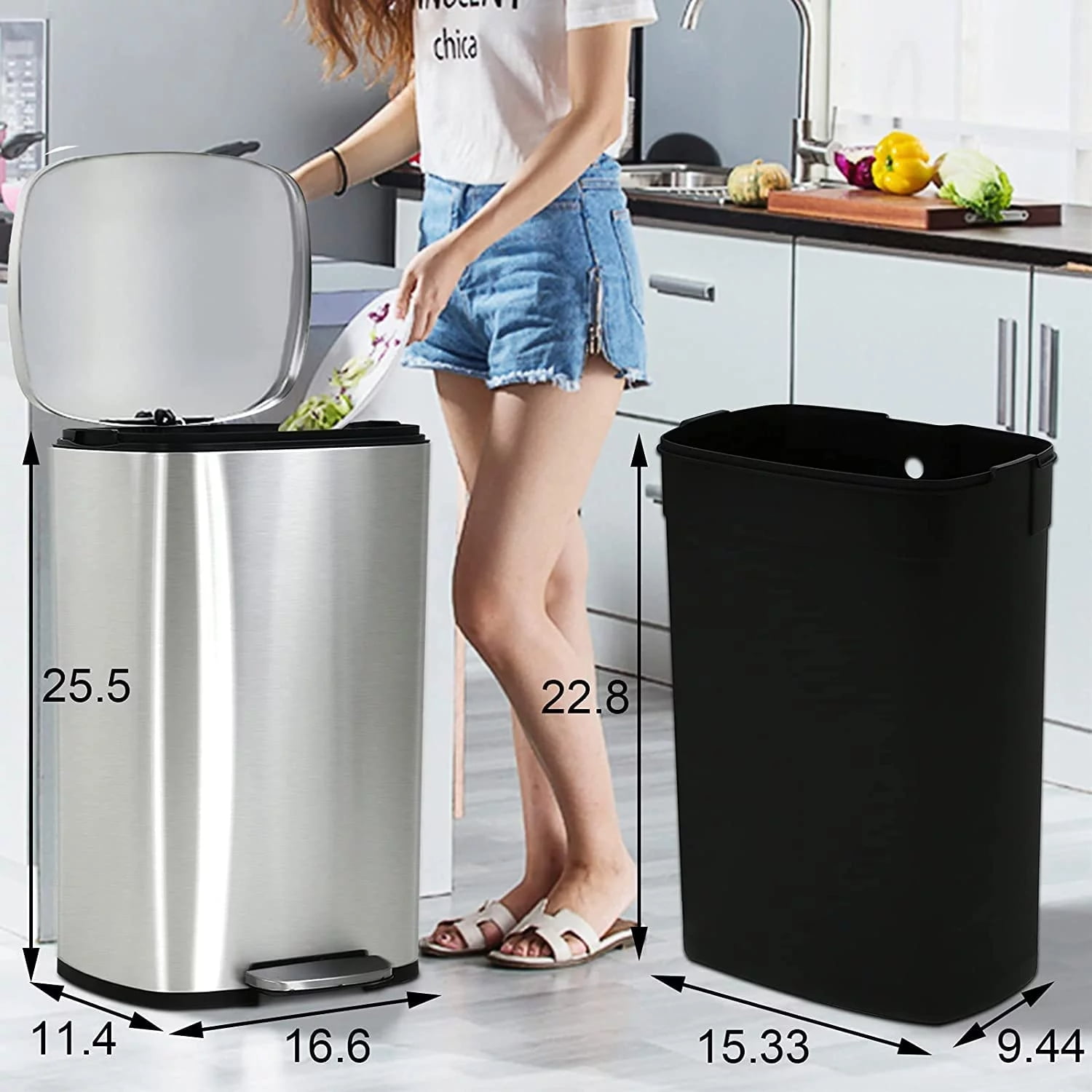 NiamVelo 13 Gallon Kitchen Trash Can with Lid, Metal Step on Trash Can Stainless Steel Trash Can Touchless Garbage Bin for Office Bedroom Bathroom , Silver