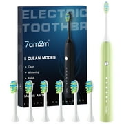 7AM2M Sonic Electric Toothbrush with 6 Brush Heads for Adults and Kids, One Charge for 90 Days, 5 Modes, 40000VPM Powered Toothbrush, 2 Minutes Build in Smart Timer, Roman Column Handle Design,Green