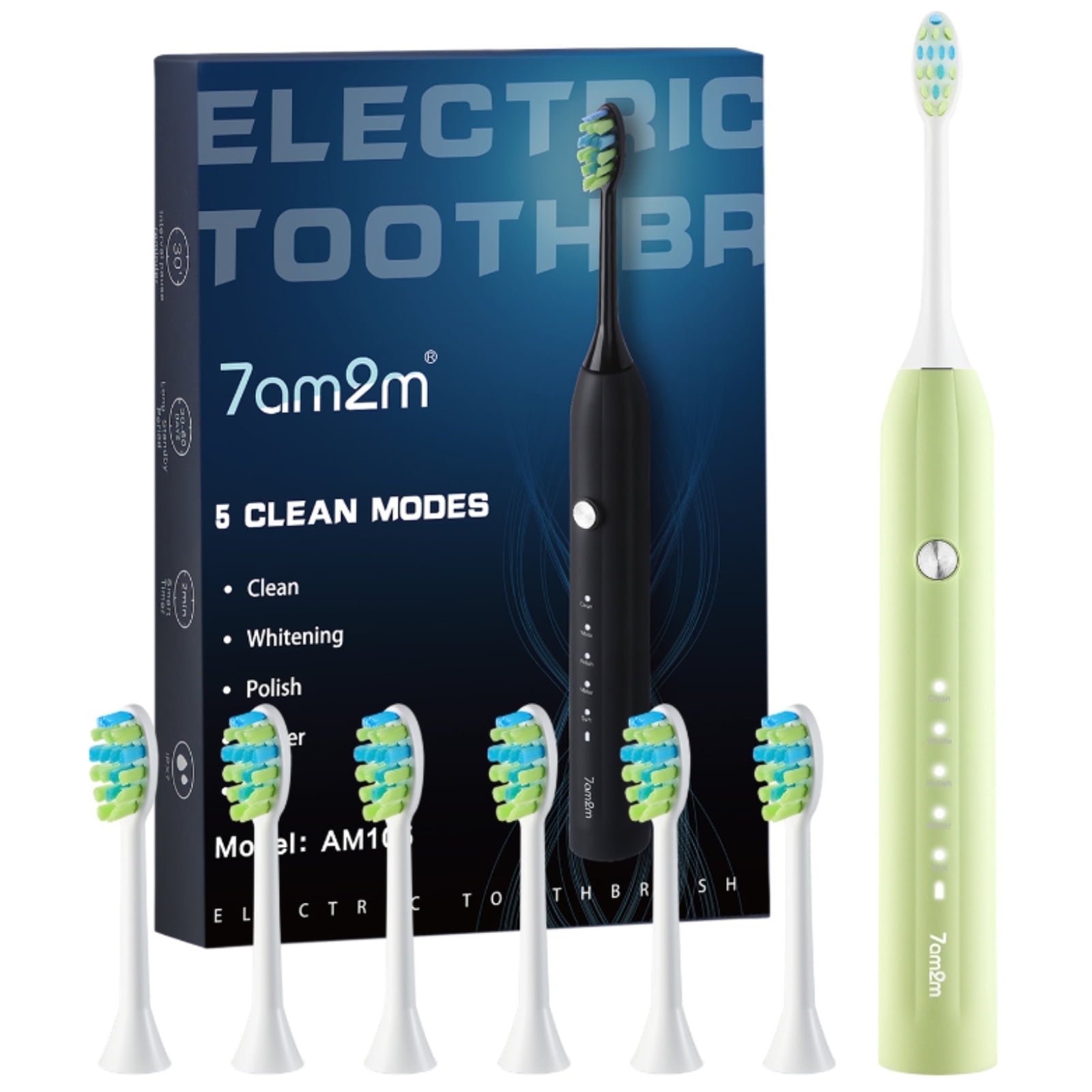 7AM2M Sonic Electric Toothbrush with 6 Brush Heads for Adults and Kids, One Charge for 90 Days, 5 Modes, 40000VPM Powered Toothbrush, 2 Minutes Build in Smart Timer, Roman Column Handle Design,Green