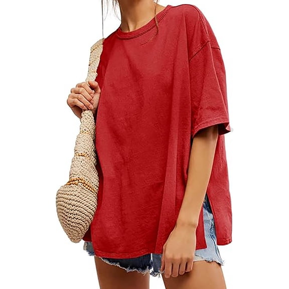 Womens Oversized T Shirts Summer Trendy Short Sleeve Crew Neck Tops Loose Fit Side Slit Tee, Limited Time