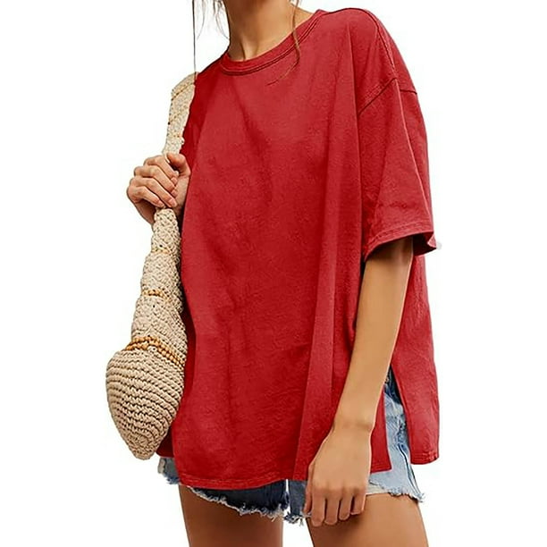 Karight Womens Oversized Tshirts Summer Casual Short Sleeve Crew Neck T Shirt Loose Fit Side Slit Tee Tops