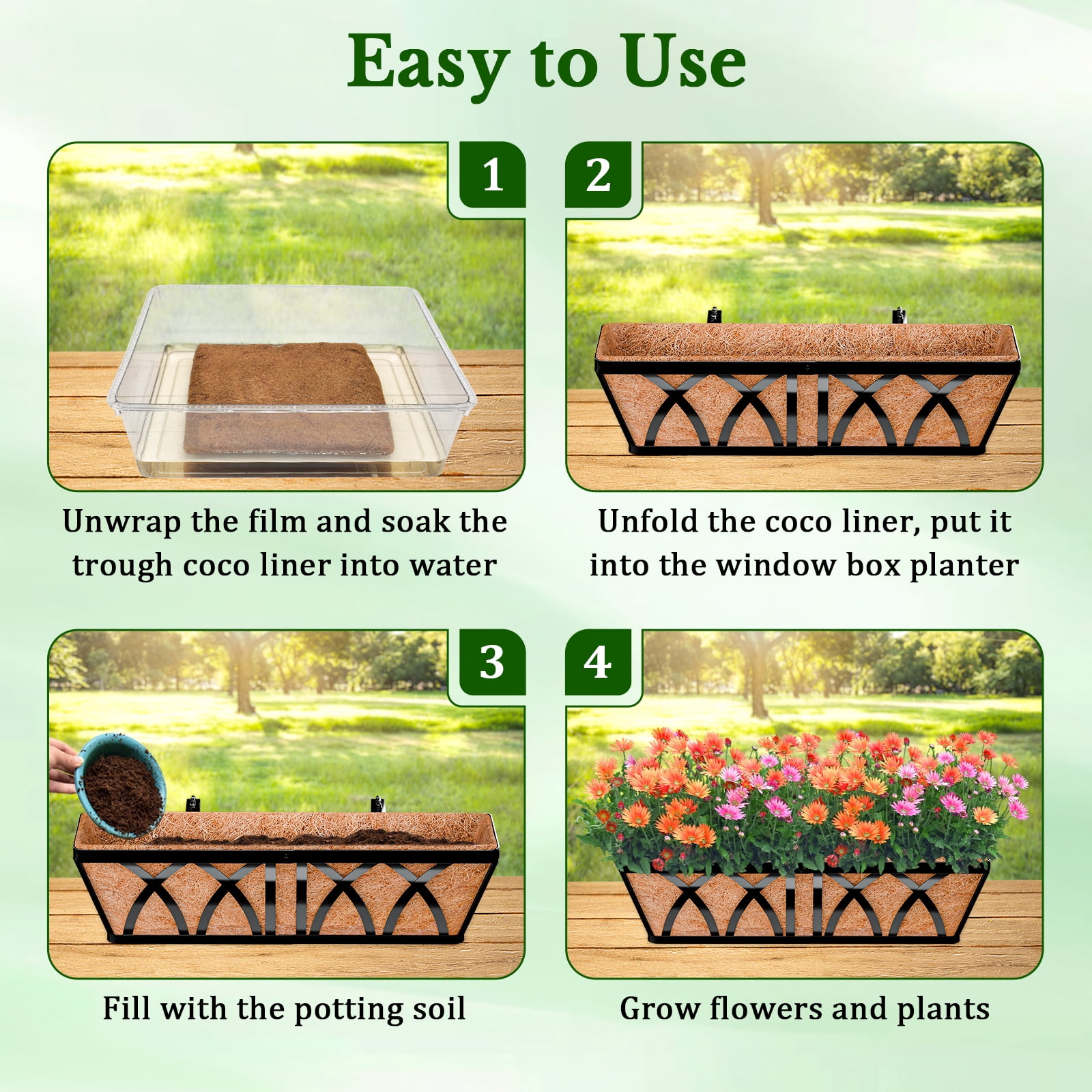 ZeeDix 2PCS 36 Inch Window Box Liners Pre-Formed Coconut Fiber Planter Liner 100% Natural Coco Fiber Liners for Planters Hanging Basket Balcony Railing and Porch