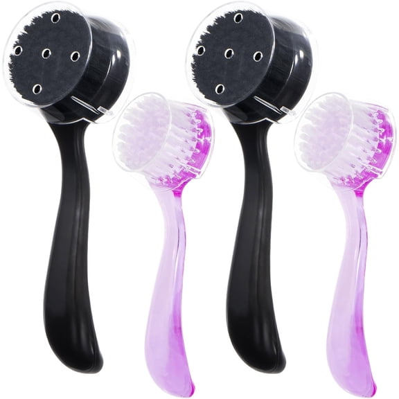 4 Pcs Handheld Face Scrubber, Facial Cleansing Brush Charcoal Black Bristles Face Exfoliator Soft Brush with Lid for Gentle Deep Cleansing and Exfoliating, Large Black Small Purple