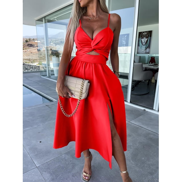 2024 Casual Été Femmes Robe V Cou Sans Manches Dos Solide Creux Taille Patchwork Parti Robes Minces
