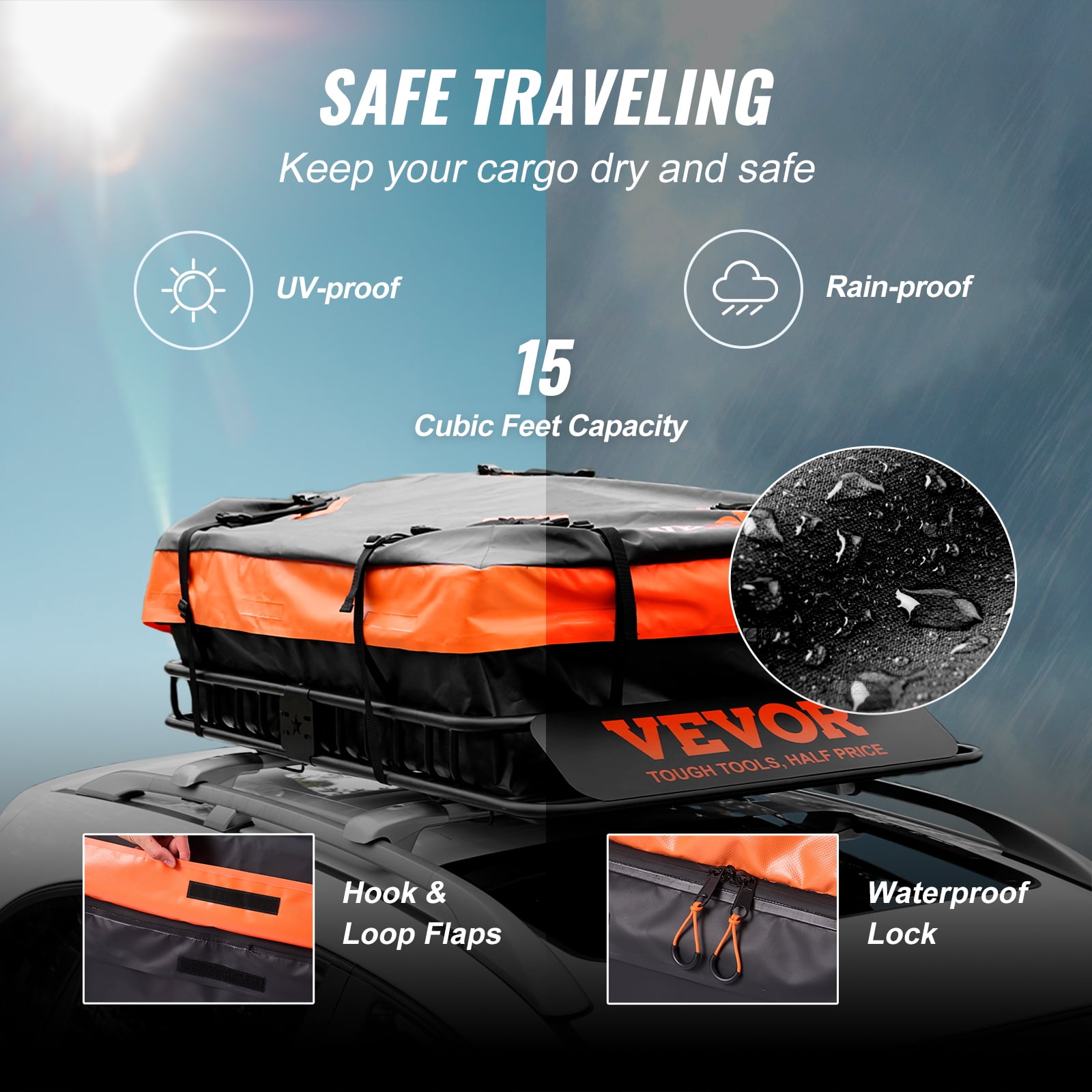 VEVOR Roof Rack Cargo Basket, 51" x 36" x 5" Rooftop Cargo Carrier w/ 15 Cu Ft Waterproof Cargo Bag, 200 LBS Capacity Universal Rack Carrier for SUV, Truck