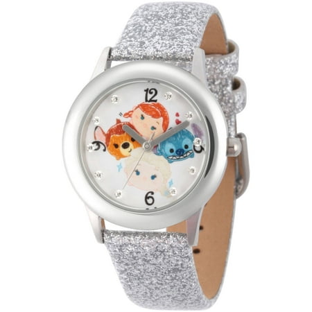 Disney Tsum Tsum Elsa, Anna, Bambi and Stitch Girls' Stainless Steel Time Teacher Watch, Silver Glitter Strap