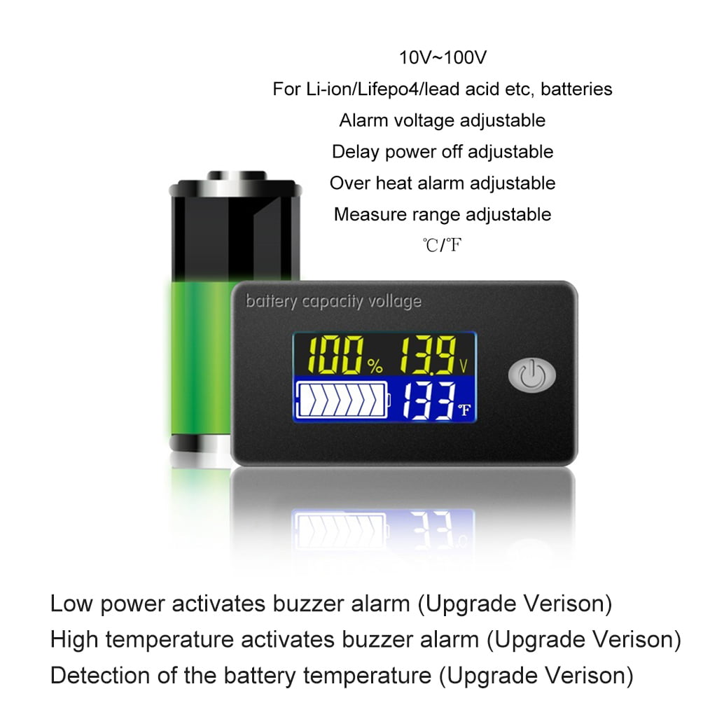 DC 10V~100V Li-ion Lifepo4 Lead acid Battery Capacity Indicator with Alarm Temp