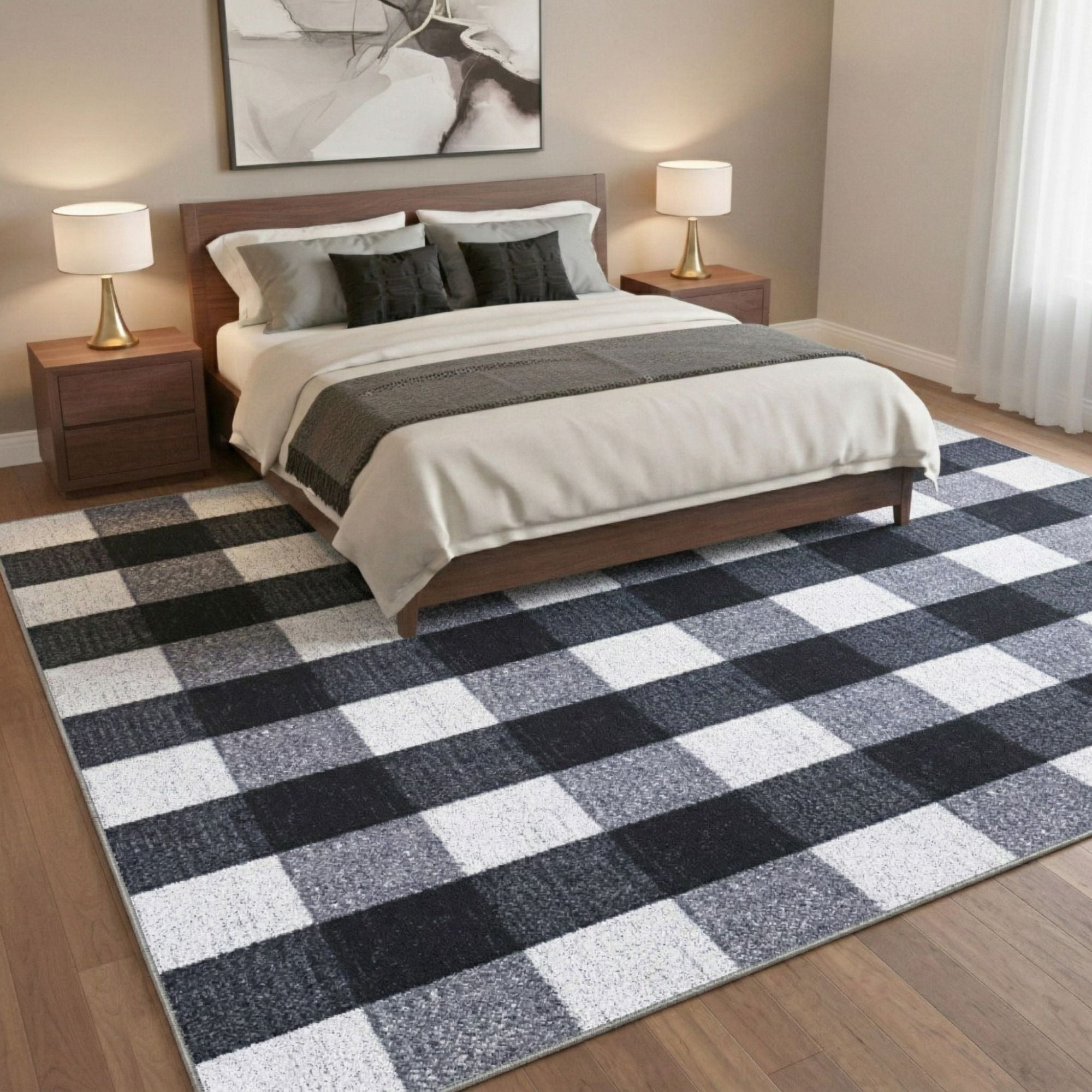 Ottomanson Living Room Area Rug 7'10" x 9' – Non-Slip Low Pile Carpet for Bedroom & Office, Buffalo Plaid Black/White