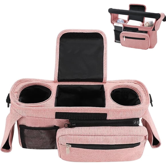 Organisateur Universel pour Poussette avec Porte-Gobelet Isolé 13.3x4.7x5.9po Grande Capacité Pochette pour Téléphone et Bandoulière Détachable Accessoire pour Poussette Convient au Design Compact Convient à Toutes les Poussettes