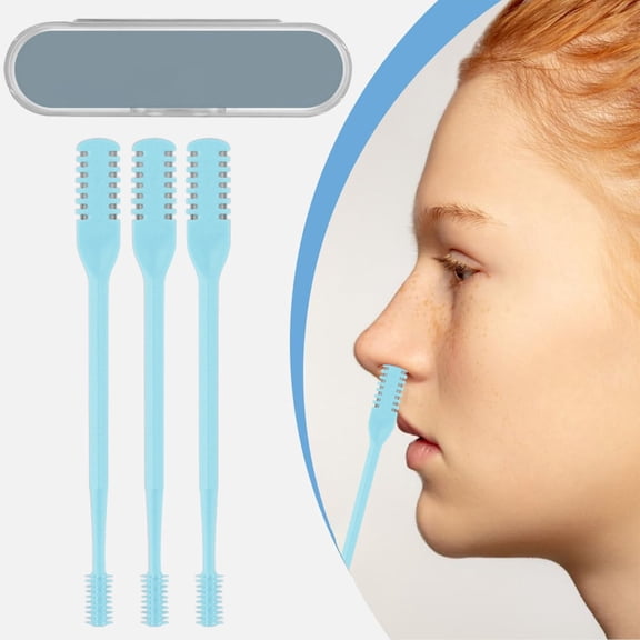 3Pcs 2-in-1 Nasal Hair Cutter,Travel Essentials for Women and Men,Manual Portable Nose and Ear Hair Removal Tool,Double Sided Manual 360° Rotating Nose Hair Trimmer with Storage Box,Blue,3.7"