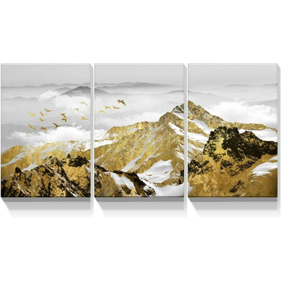 Rosework Framed Canvas Wall Art, 30x40 Inch, 3 Piece Black and Gold Abstract Mountain with Birds, Made In USA