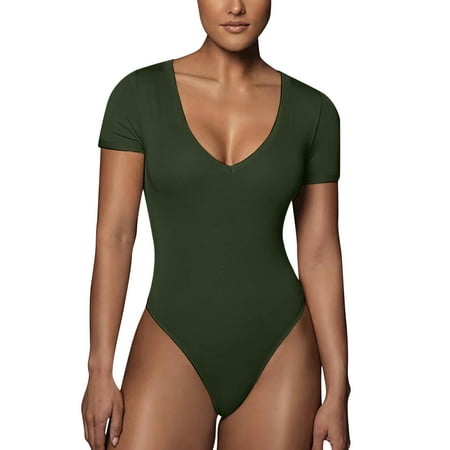 Bodysuit Women Clearance Short Sleeves V Neck Sculpting Shapewear Body Suits Basic Sexy Slim Fit Bodysuits Ribbed Seamless Body Suit Todays Deals