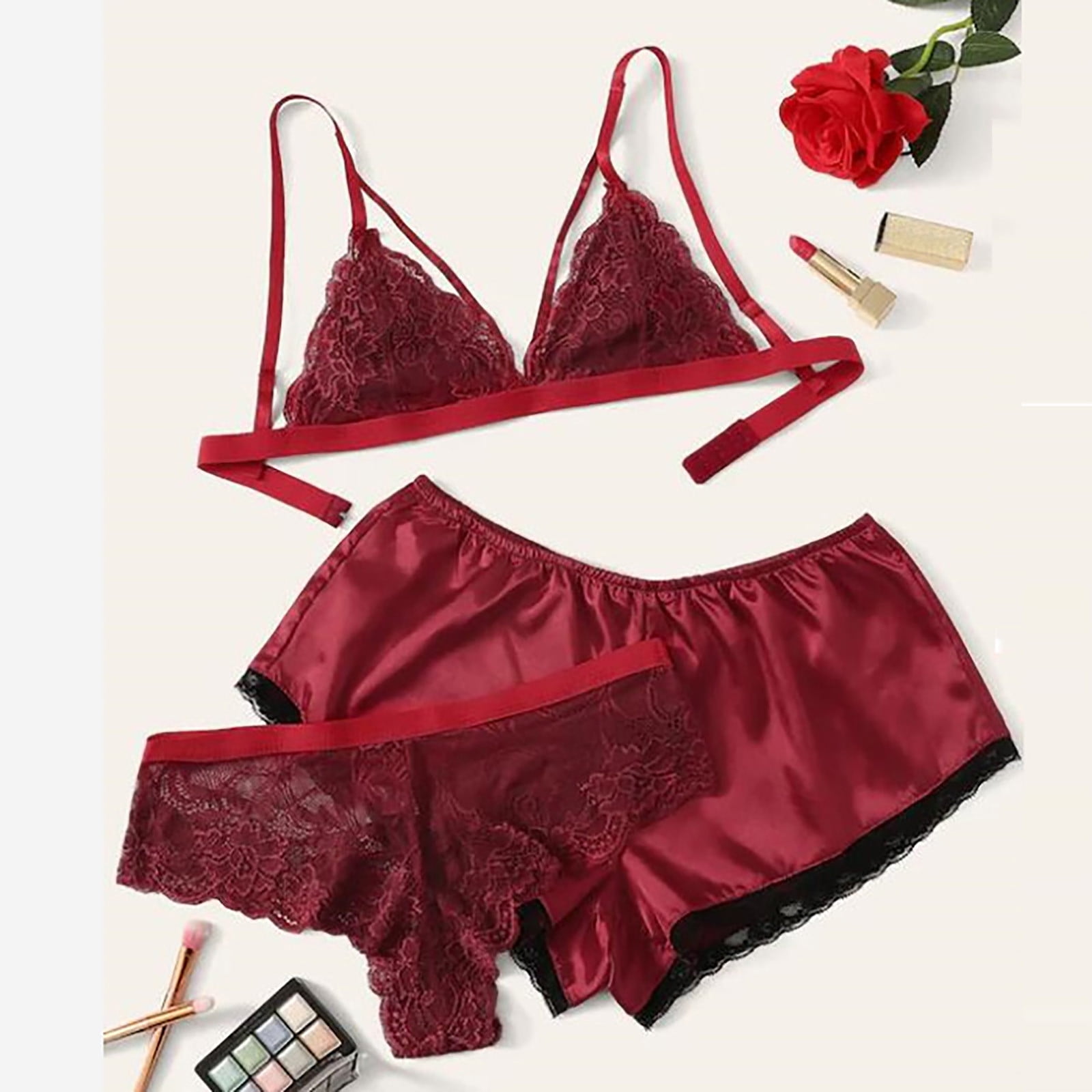 Women Fashion Sexy Lace Lingerie Three Piece Suit Intimates Sleepwear Underwear