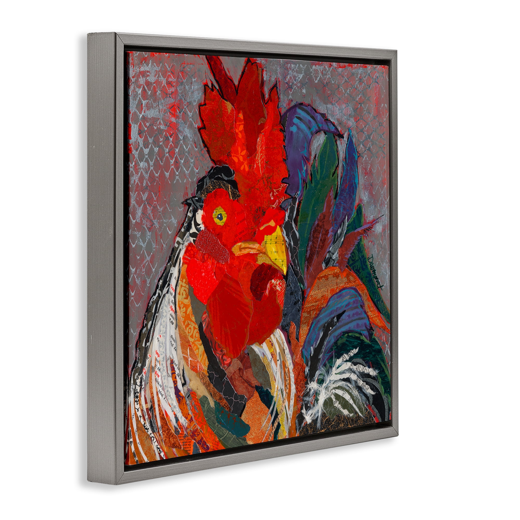 Stupell Industries Patterned Collage Rooster Animals Painting Gray Floater Framed Canvas Art Print Wall Art, 18 x 18