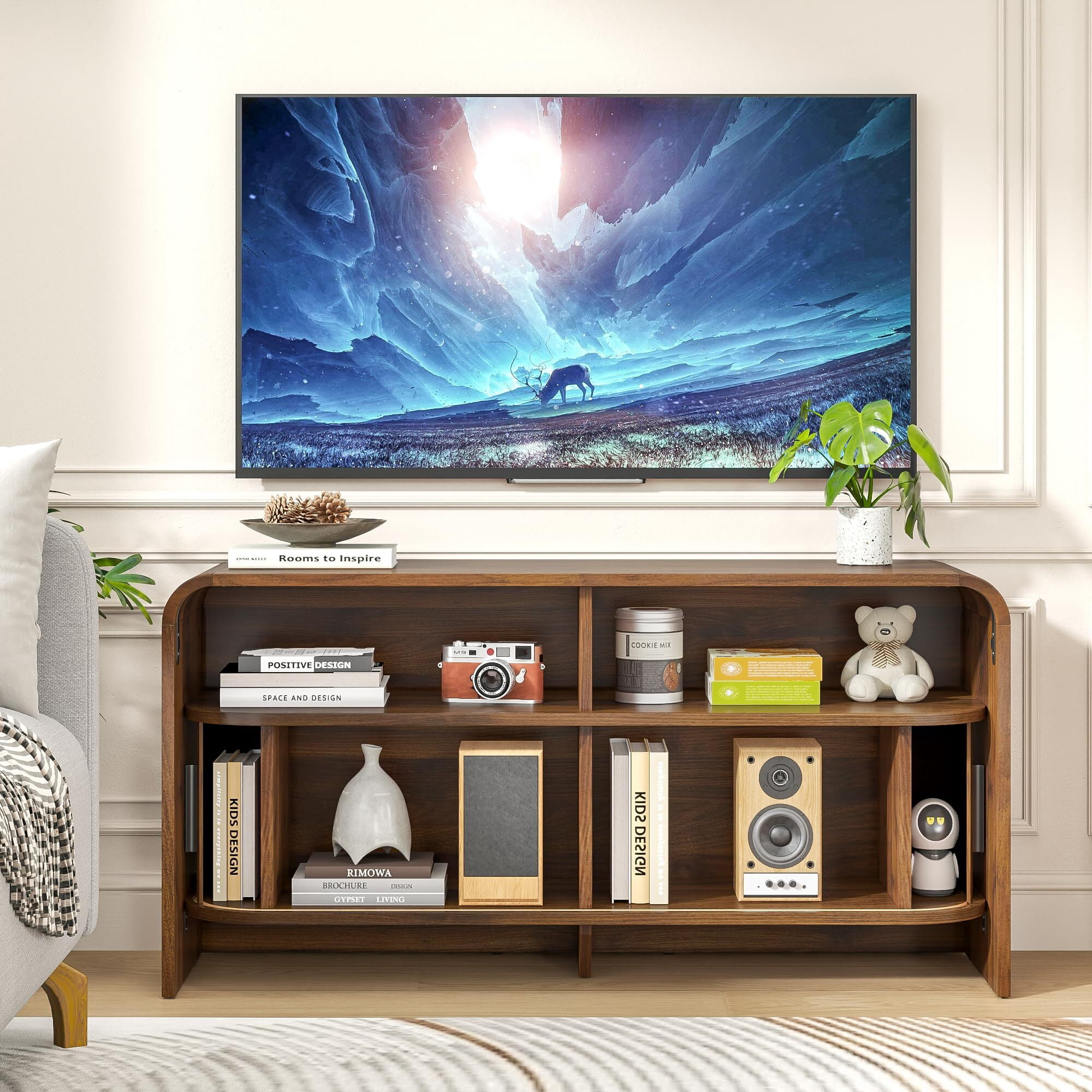 Mid-Century Modern TV Stand for 43 Inch TV, Fluted Wood Media Console with Sliding Doors, Walnut