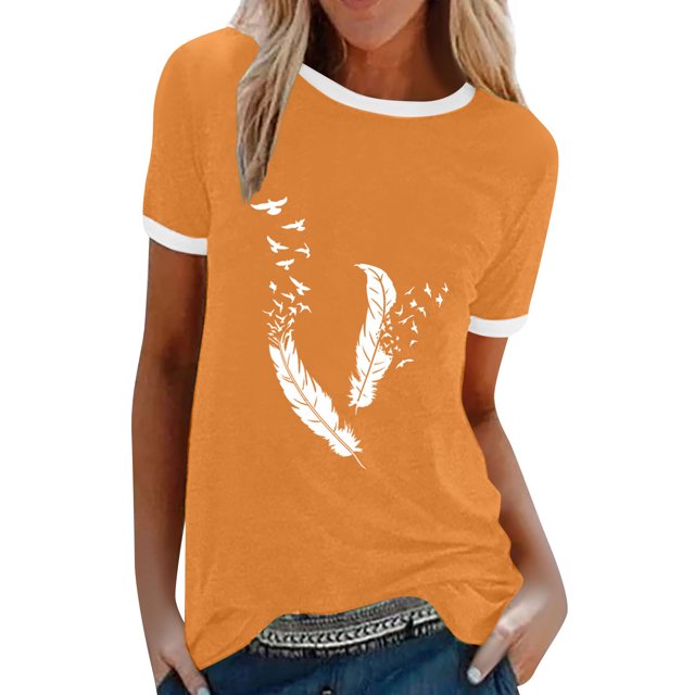 Pompotops Femmes Mode Décontractée Imprimé Col Rond Ample Manches Courtes T-shirt Haut Blouse Chandail Liquidation