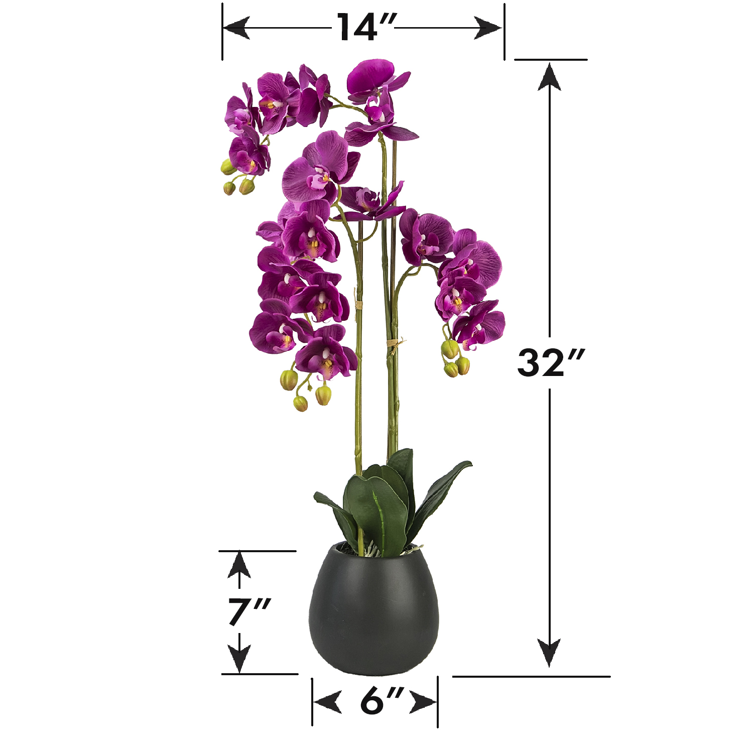 LCG Florals Artificial Flower, 32in Fuchsia Orchid Flower in Decorated Embossed Black Ceramic Pot, Fake Faux Indoor Plant for Home Decor