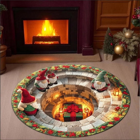 3D Christmas Optical Illusion Rug, Round Christmas Area Rug, Festive Holiday Floor Mat for Living Room, Bedroom, Entryway and Home Decor