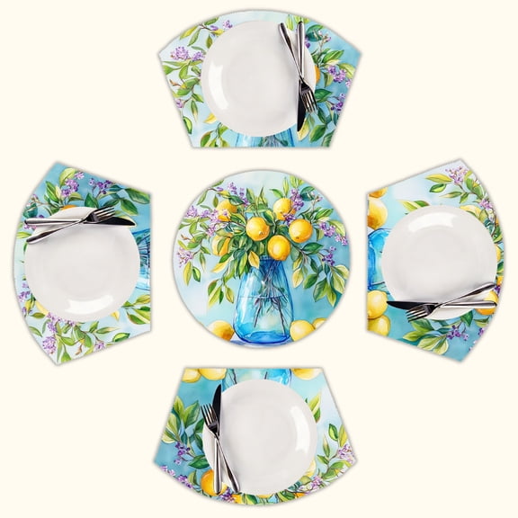 Lemons and Lilacs in Blue Vase Round Table Placemats Set Of 5 Wedge Table Mats Washable Heat Resistant Place Mat For Dining Table Kitchen Farmhouse Restaurant