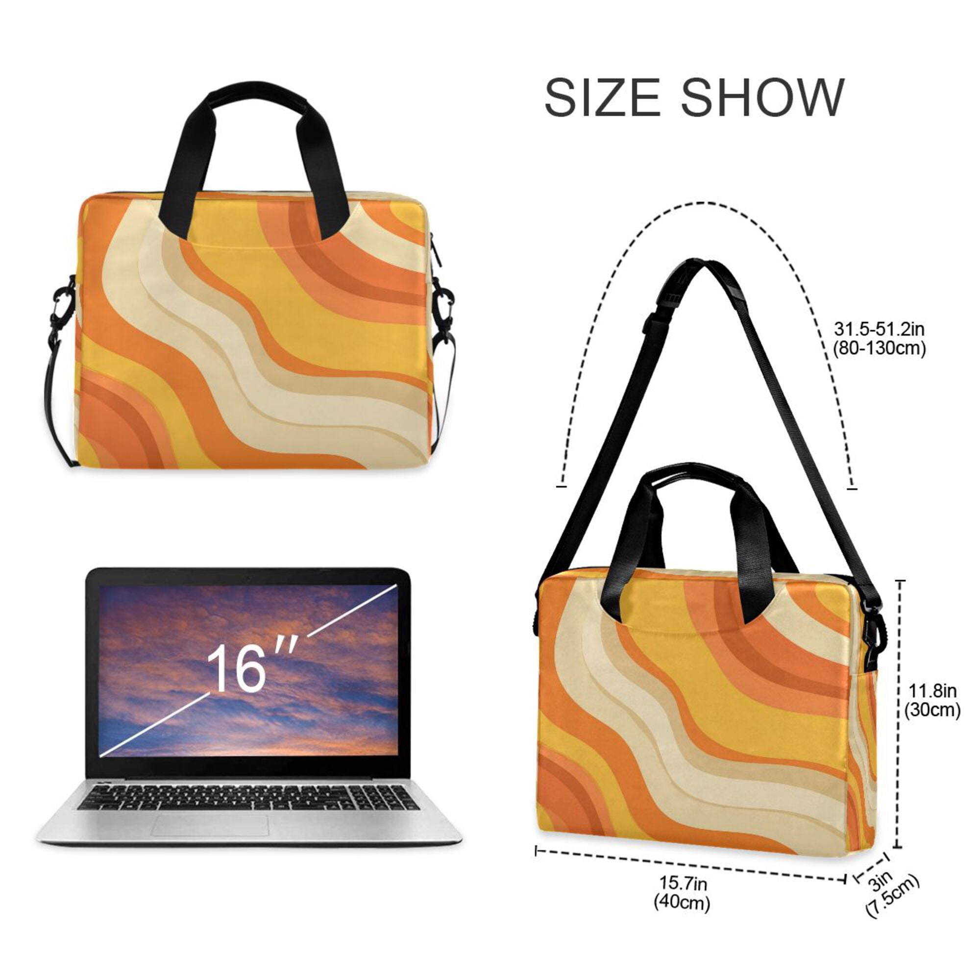 16" Laptop Briefcase, Detachable Anti-Slip Shoulder Strap, Multi-Compartment Work Travel Bag Orange Color Clash Pattern
