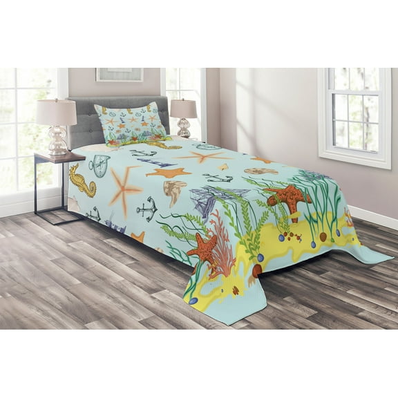 Ambesonne Nautical Quilted Coverlet 2 Pcs, Elements of the Ocean, Twin Size, Multicolor