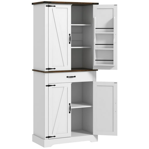 HOMCOM Farmhouse Kitchen Pantry Storage Cabinet w/ Doored Shelves, Drawer