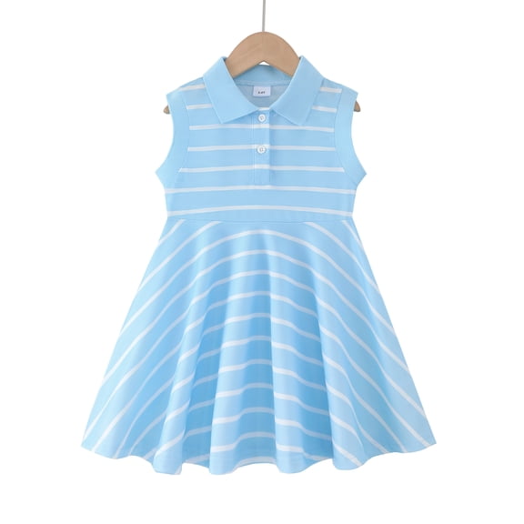 Baby Girls Clothes Toddler Girls Polo Dress 4T Girls Summer Casual Dress 5T Girls Lapel Sleeveless Stripe Dress Blue