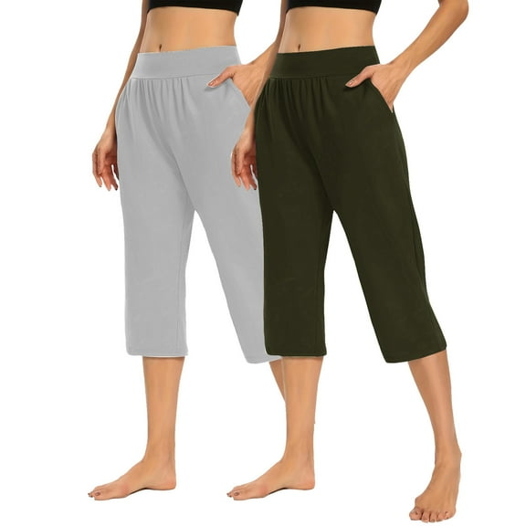 2 Pack Casual Capris Pants for Women Athletic Elastic High Waist Pull on Capri Trousers Pockets Straight Leg Slimming Sweatpants, Army Green, XXL