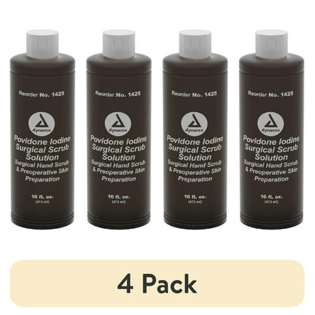 (4 pack) Dynarex Povidone Iodine Scrub Solution, First-Aid Antiseptic, 16 oz. Bottle | 1 Each